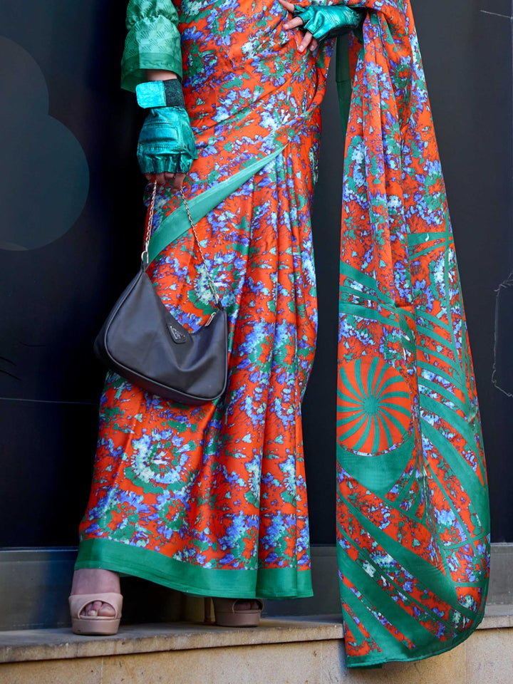 Green & Orange Printed Satin Crepe Saree