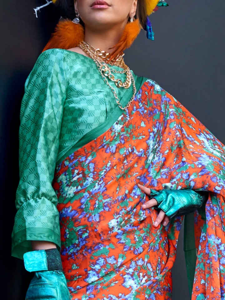 Green & Orange Printed Satin Crepe Saree