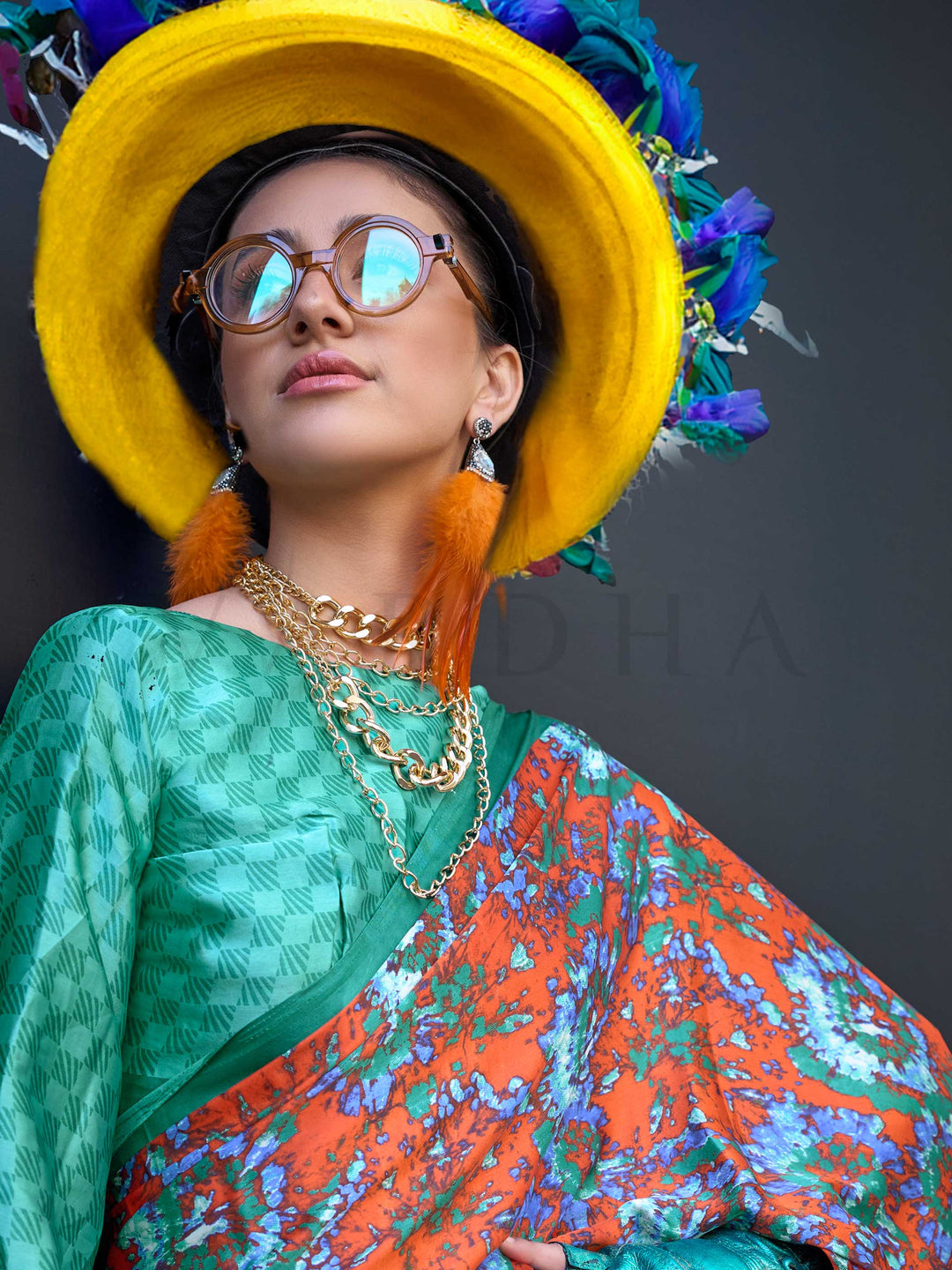 Green & Orange Printed Satin Crepe Saree