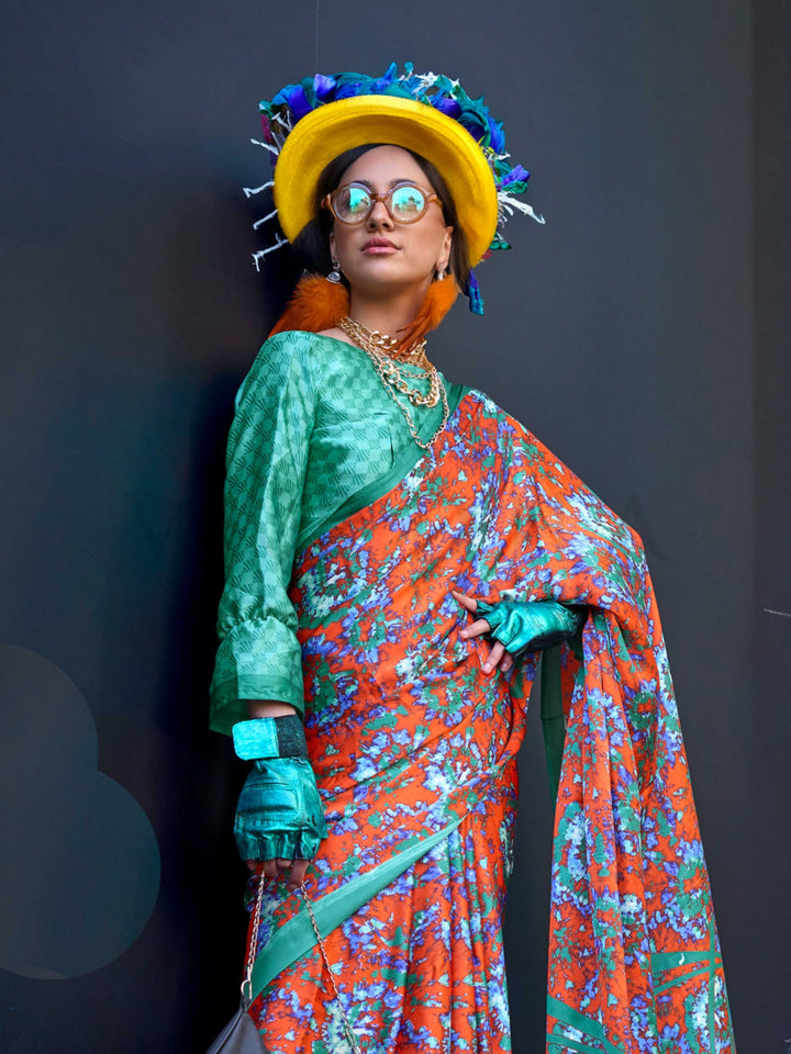 Green & Orange Printed Satin Crepe Saree