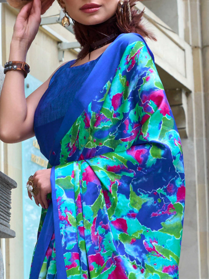 Blue & Neon Green Printed Satin Crepe Saree
