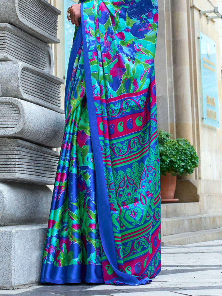 Blue & Neon Green Printed Satin Crepe Saree