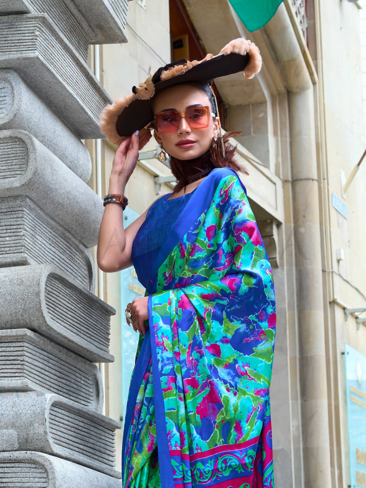 Blue & Neon Green Printed Satin Crepe Saree