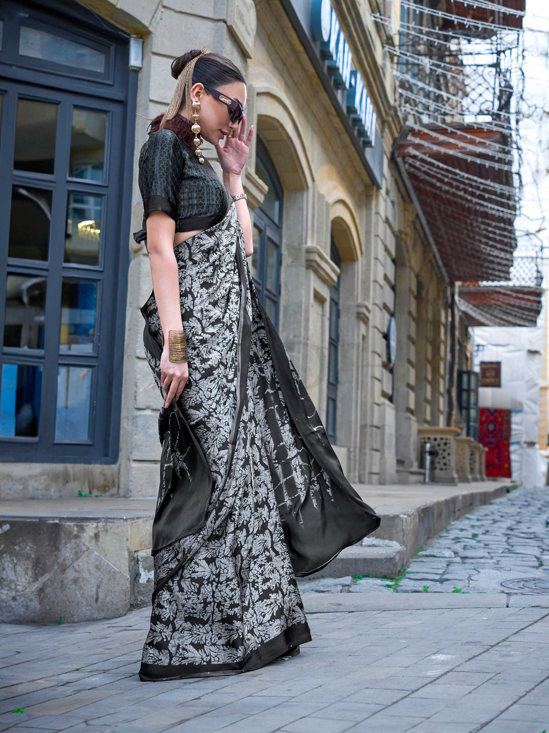 Black Printed Satin Crepe Saree