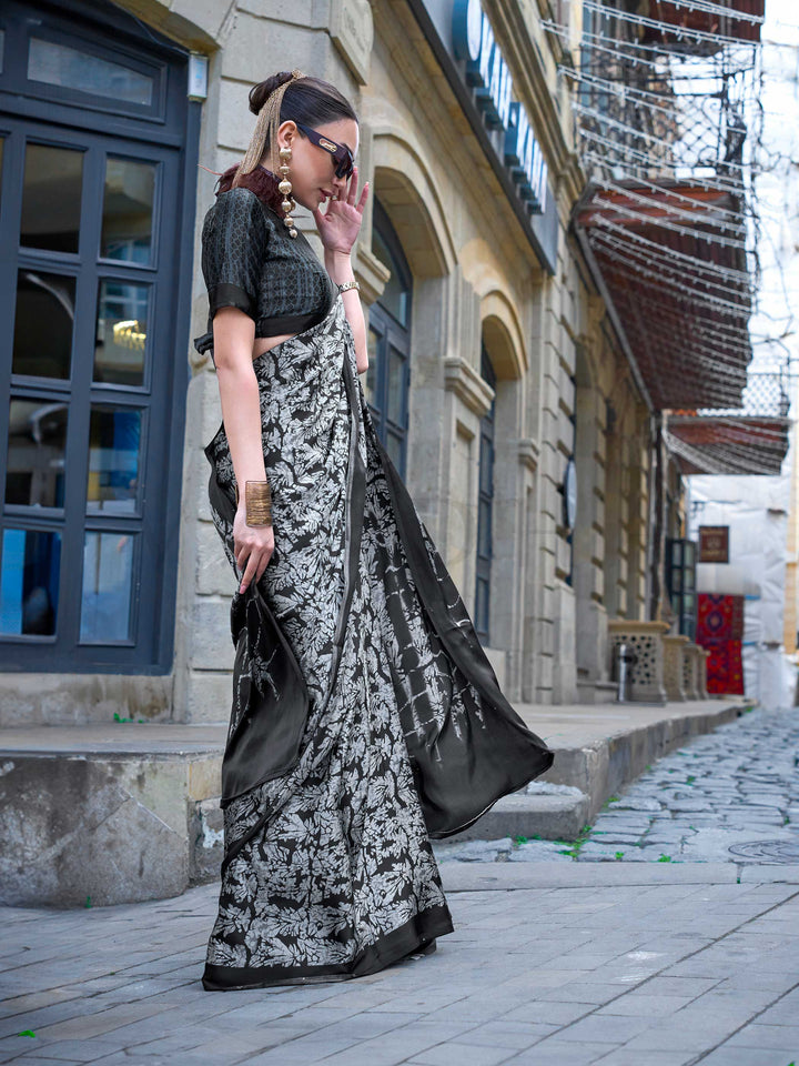 Black Printed Satin Crepe Saree