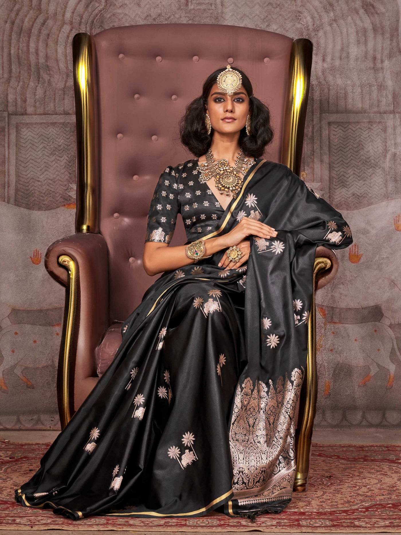 Banarasi Sarees Satin Silk Sarees Black Cocktail Party Black Kanthkala Pichhwai Black Rose Gold