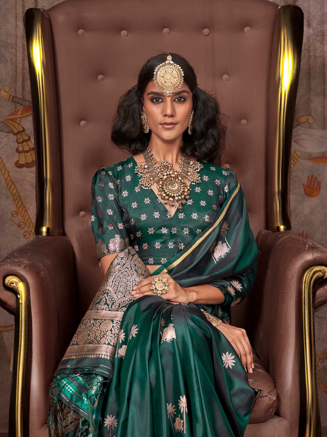 Bottle Green–Rose Gold satin silk saree with jacquard woven motifs and floral zari detailing. Perfect partywear or reception look with embroidered blouse and traditional drape, ideal for festive fashion styling. Bottle Green–Rose Gold satin silk saree with jacquard woven motifs and floral zari detailing. Perfect partywear or reception look with embroidered blouse and traditional drape, ideal for festive fashion styling..