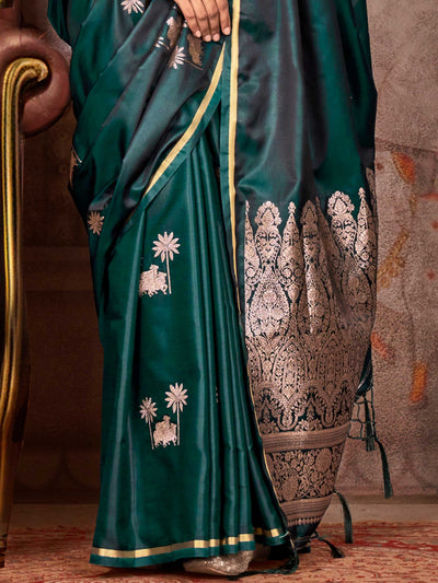 Banarasi Sarees Satin Silk Sarees Green Sangeet Party Green Kanthkala Pichhwai Bottle Green Rose Gold