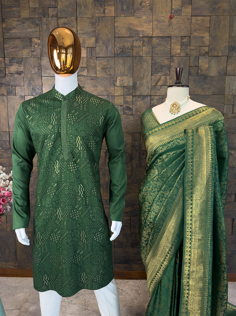 Green Kanjivaram Silk Saree & Viscose Sequin Kurta Ethnic Couple Set House of Vardha