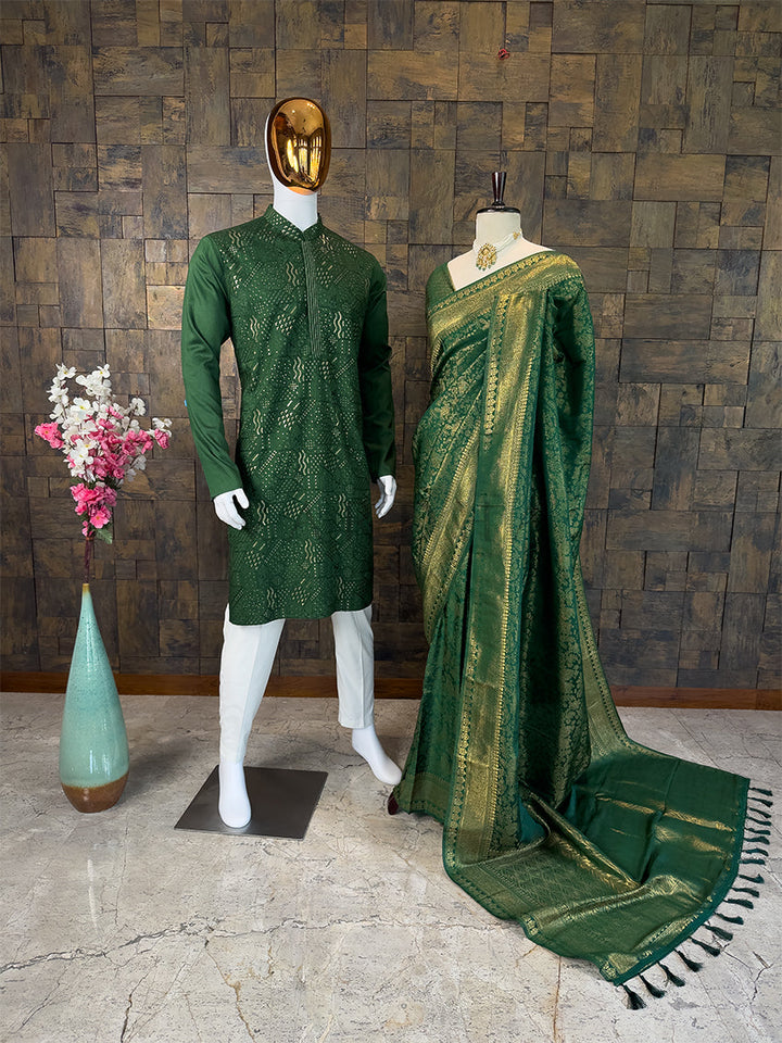 Green Kanjivaram Silk Saree &amp; Viscose Sequin Kurta Ethnic Couple Set House of Vardha