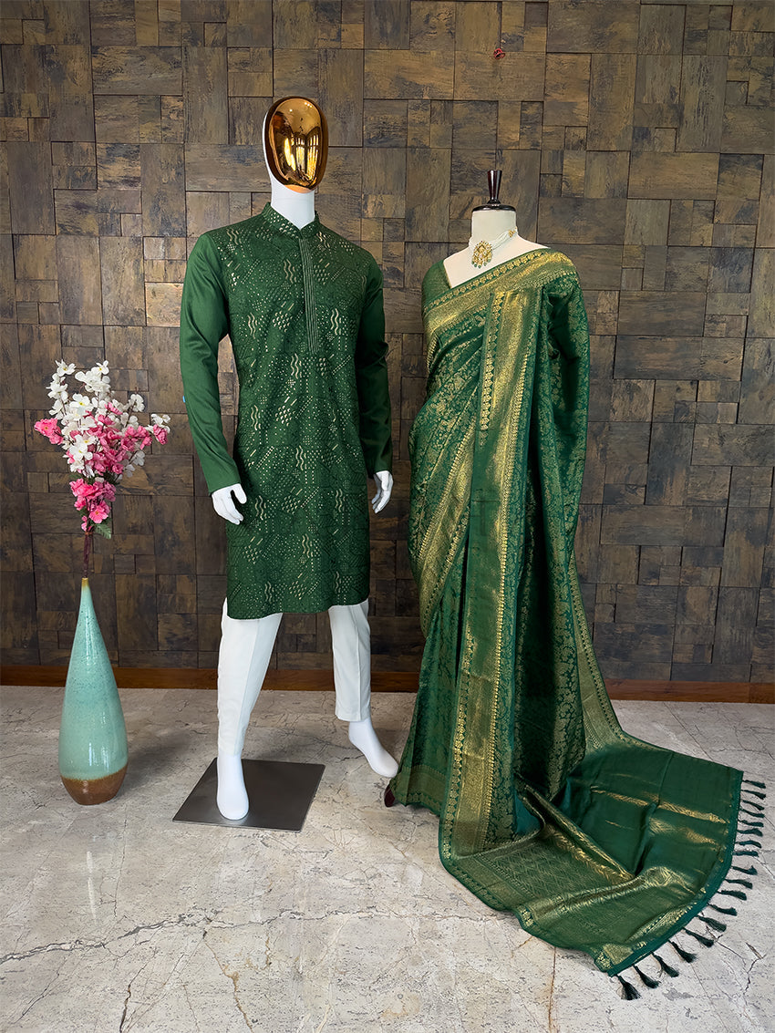 Green Kanjivaram Silk Saree & Viscose Sequin Kurta Ethnic Couple Set   House of Vardha