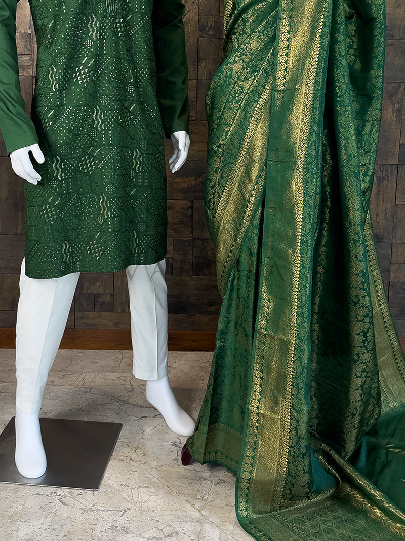 Green Kanjivaram Silk Saree &amp; Viscose Sequin Kurta Ethnic Couple Set House of Vardha