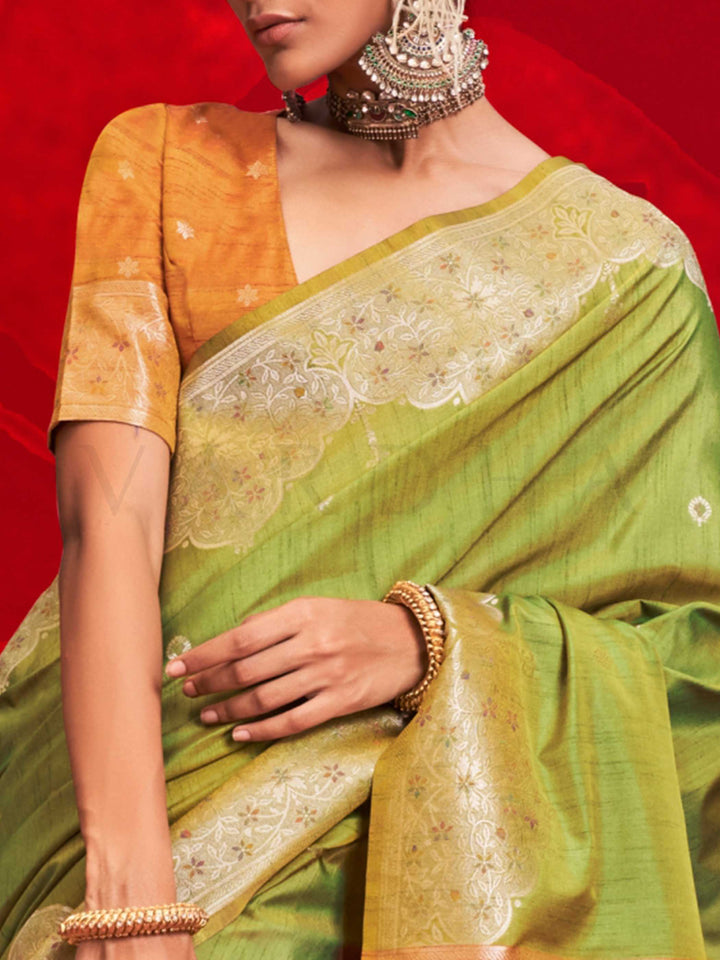 Green Tussar Silk Handloom Saree with Gold Zari Pallu