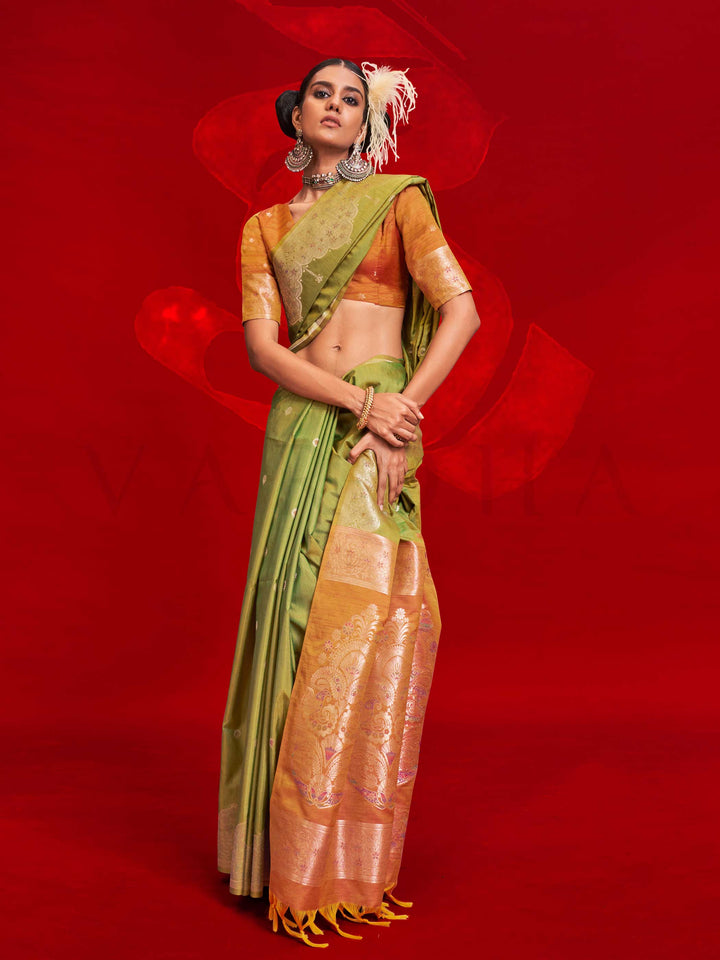 Green Tussar Silk Handloom Saree with Gold Zari Pallu