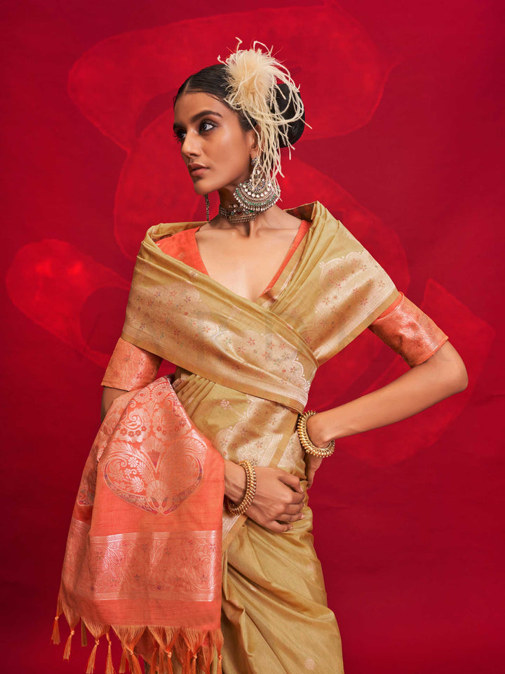 Beige Tussar Silk Handloom Saree with Gold Zari Pallu