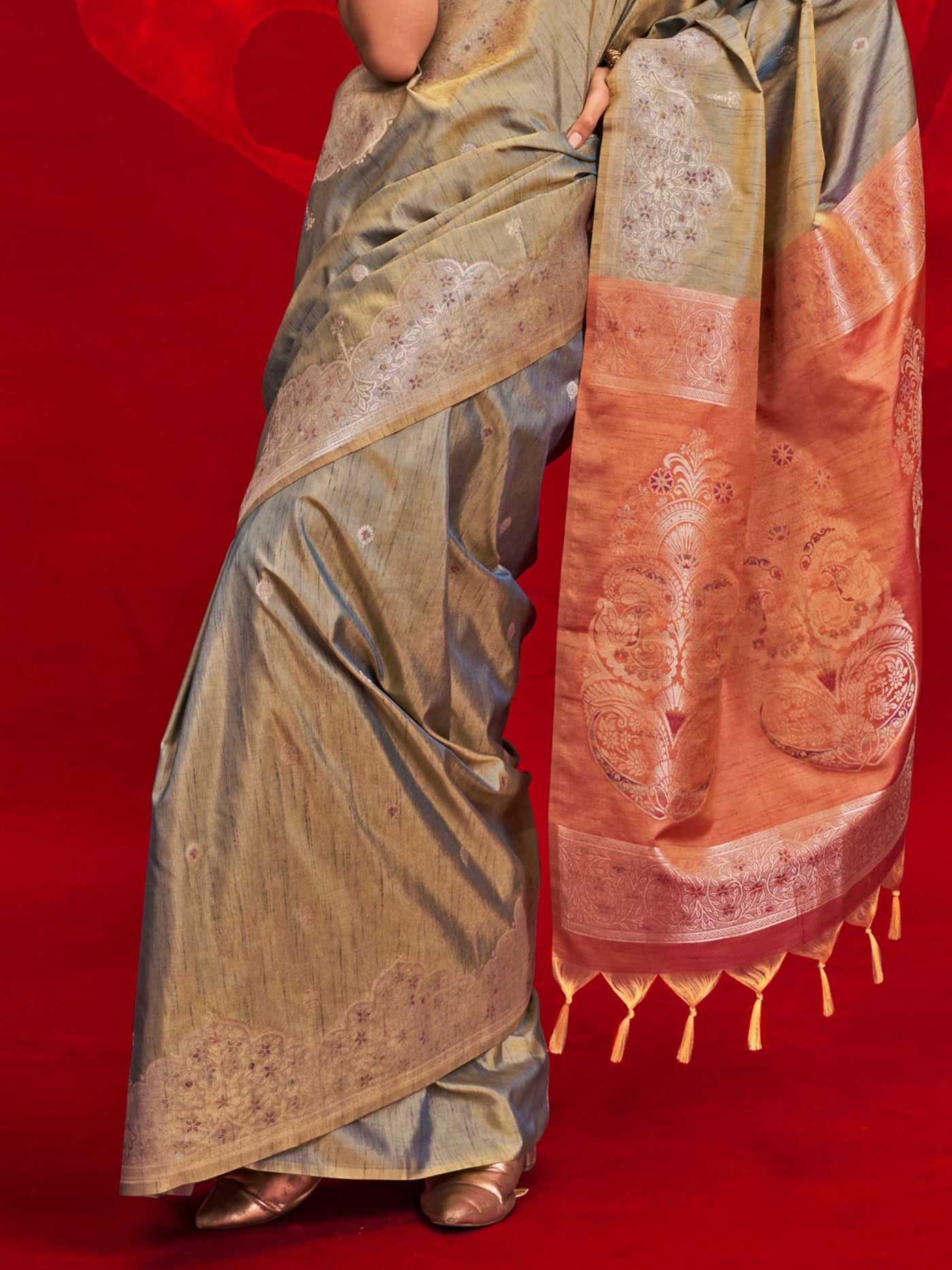 Steel Grey Tussar Silk Handloom Saree with Gold Zari Pallu