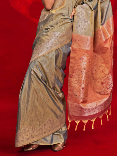 Steel Grey Tussar Silk Handloom Saree with Gold Zari Pallu