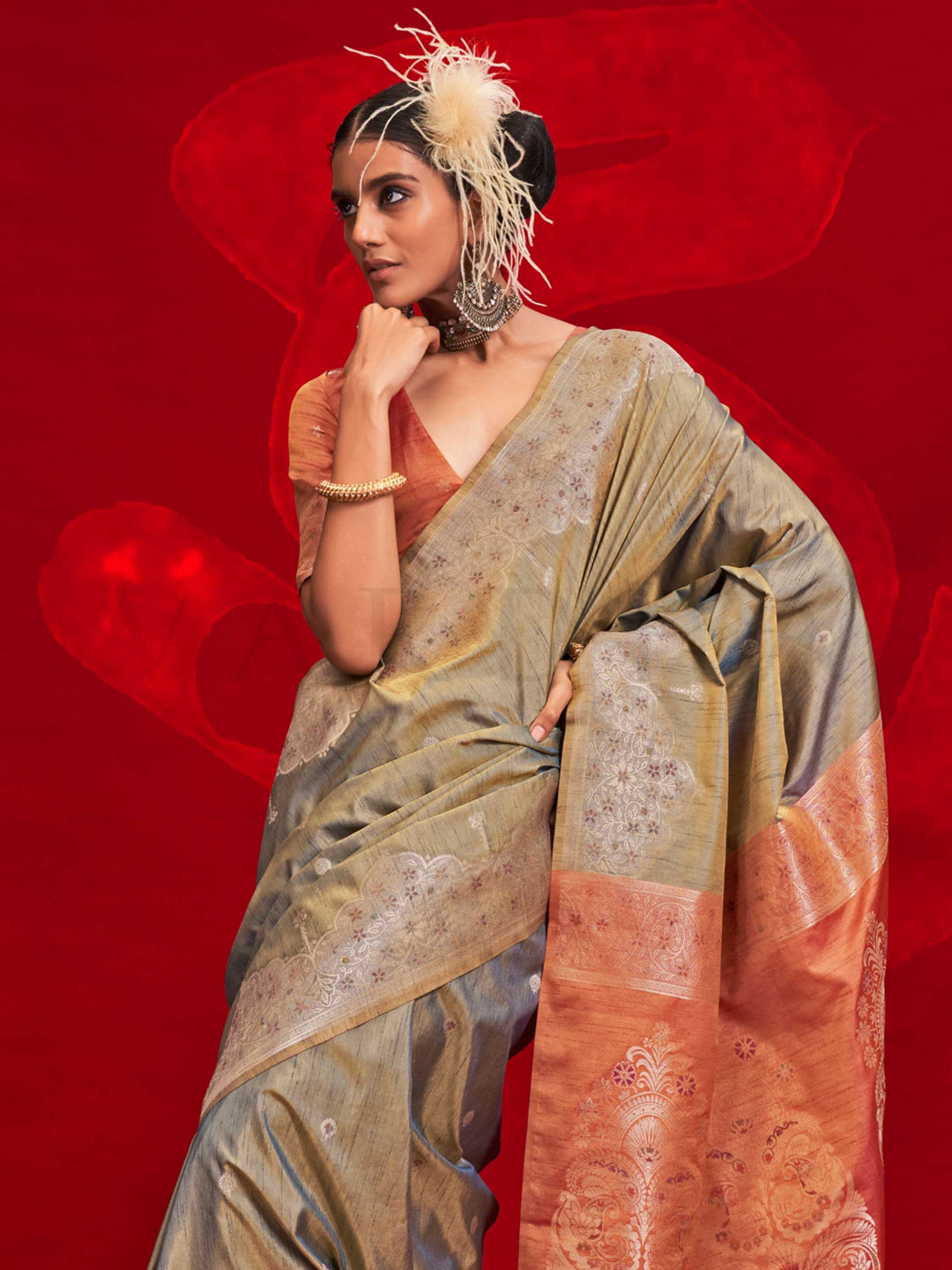 Steel Grey Tussar Silk Handloom Saree with Gold Zari Pallu