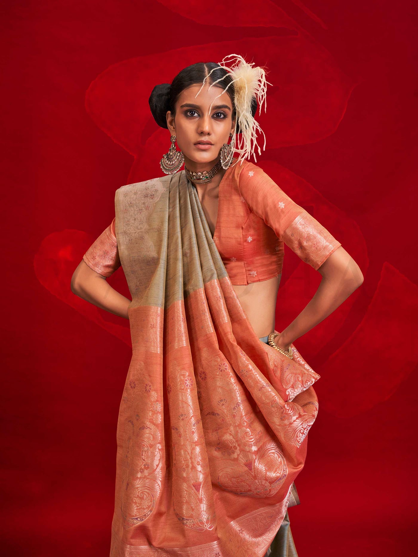 Steel Grey Tussar Silk Handloom Saree with Gold Zari Pallu