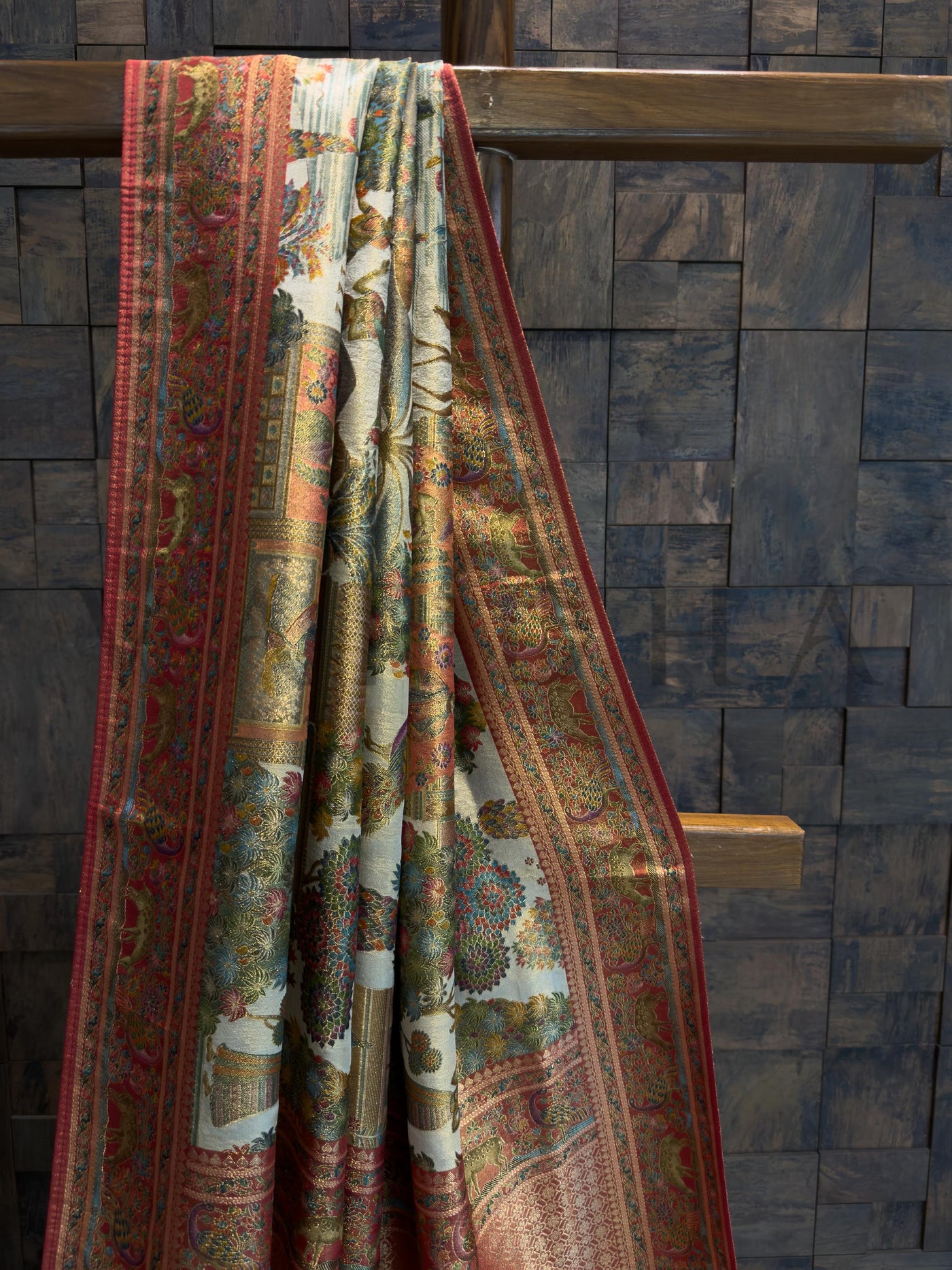 Off-White Mughal Motif Banarasi Katan Silk Saree with Red Tissue Blouse