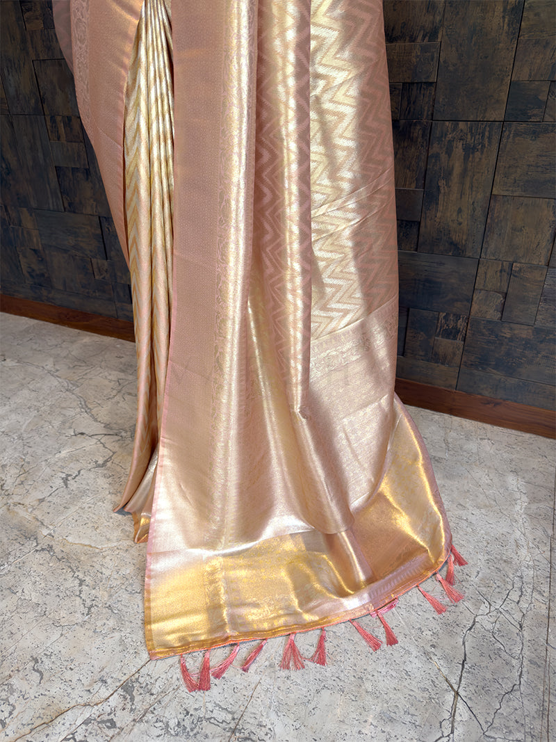 Pastel Peach Kanjivaram Tissue Silk Saree with Gold Zari Weave
