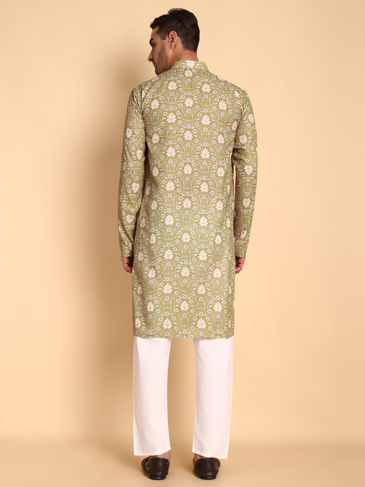 Traditional Green VineHeart Printed Men's Cotton Kurta
