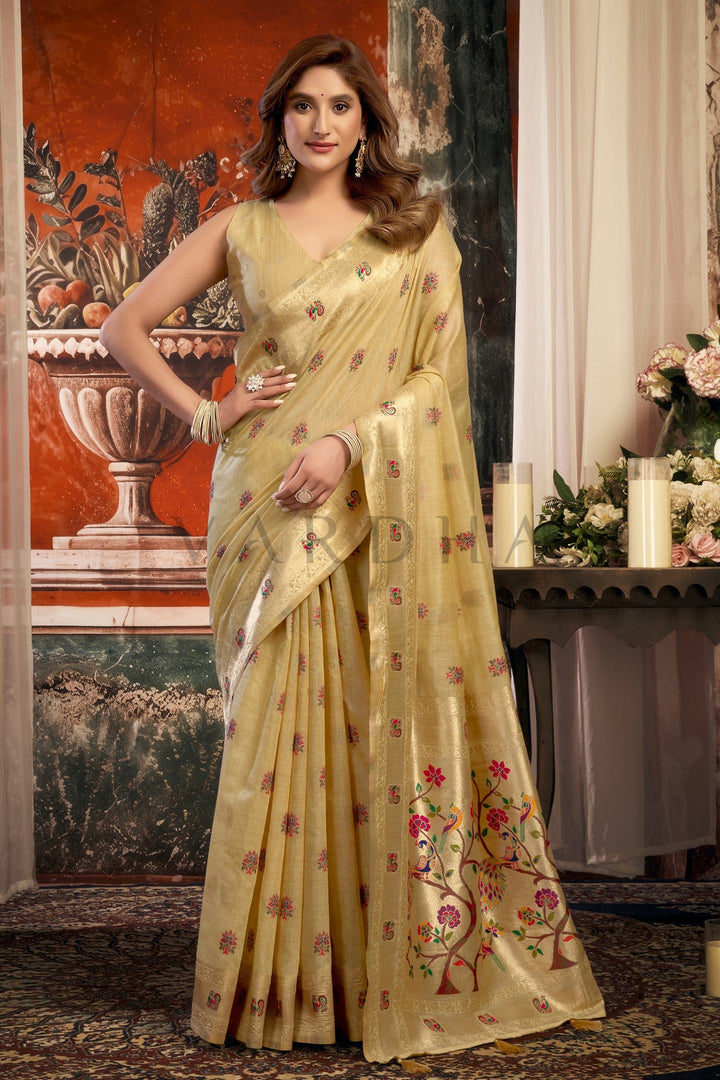 Light Yellow Tissue Paithani Saree with Zari Border & Peacock Motifs