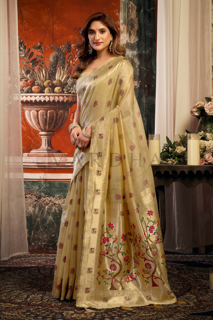 Light Yellow Tissue Paithani Saree with Zari Border & Peacock Motifs