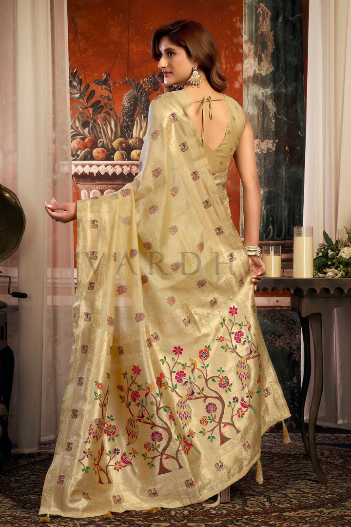 Light Yellow Tissue Paithani Saree with Zari Border & Peacock Motifs