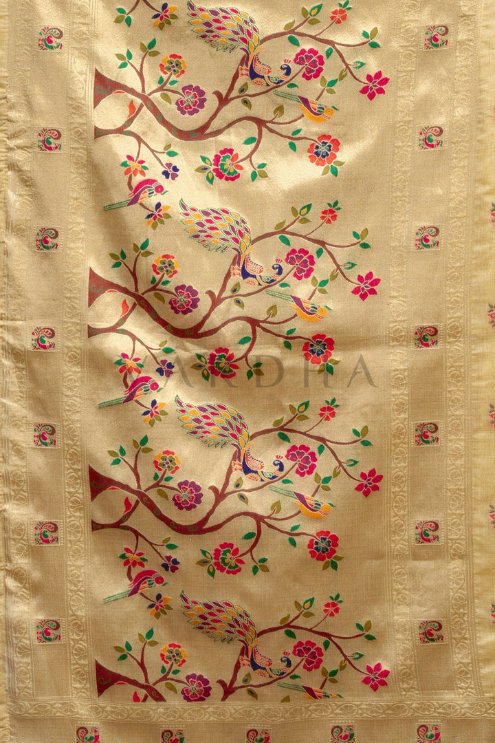 Light Yellow Tissue Paithani Saree with Zari Border & Peacock Motifs