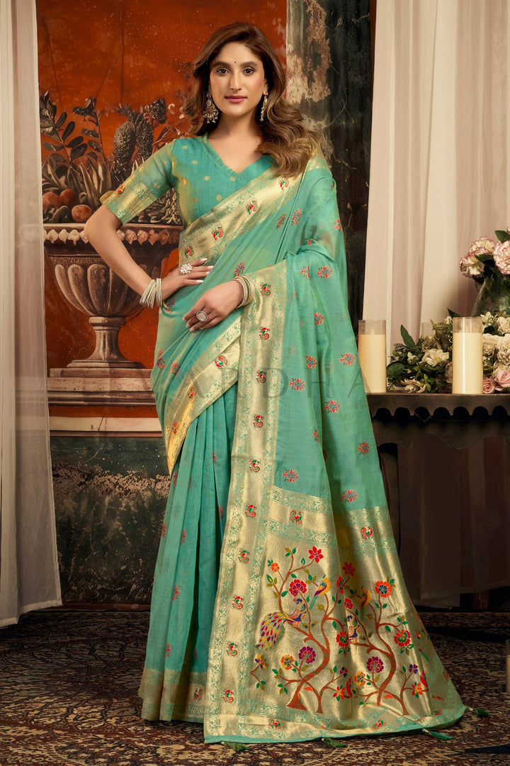 Teal Green Tissue Paithani Saree with Zari Border &amp; Peacock Motifs