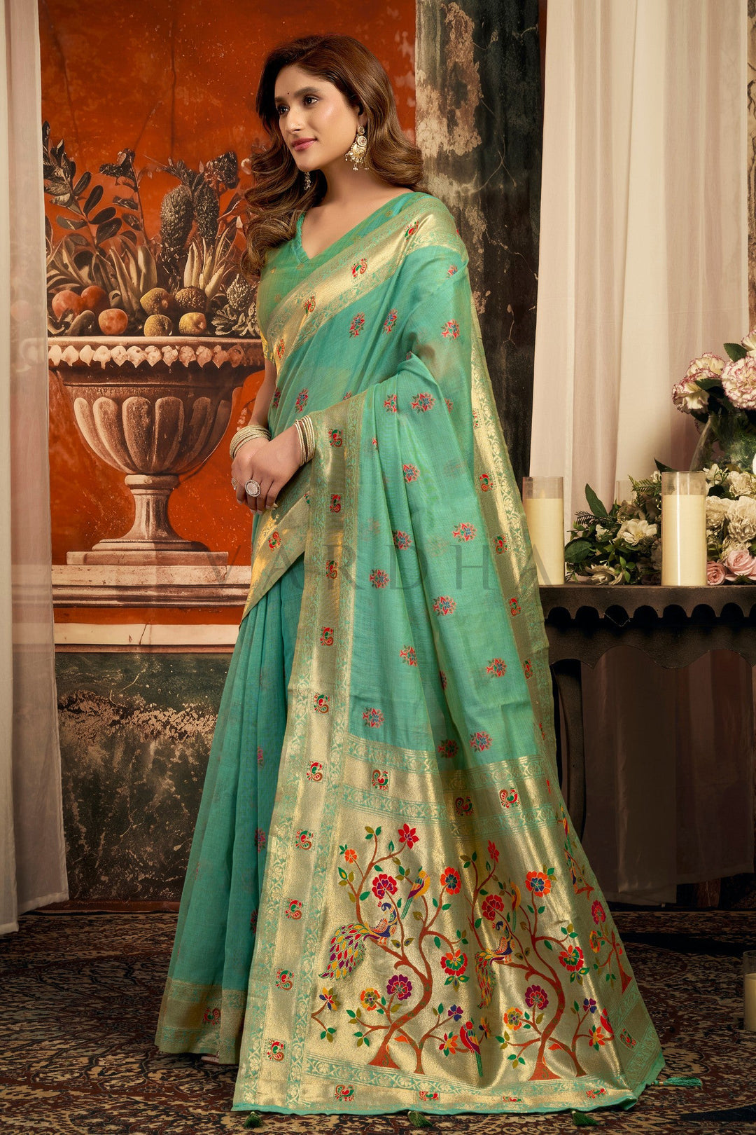 Teal Green Tissue Paithani Saree with Zari Border &amp; Peacock Motifs