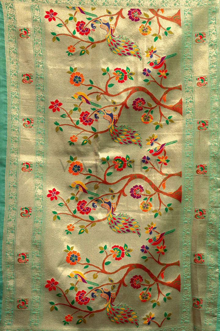 Teal Green Tissue Paithani Saree with Zari Border &amp; Peacock Motifs