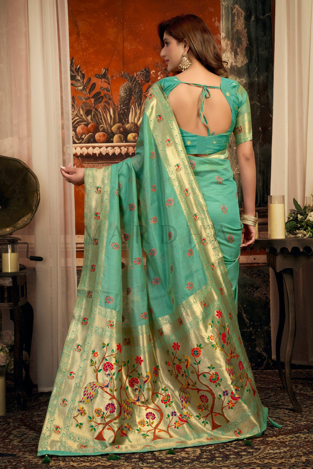 Teal Green Tissue Paithani Saree with Zari Border &amp; Peacock Motifs