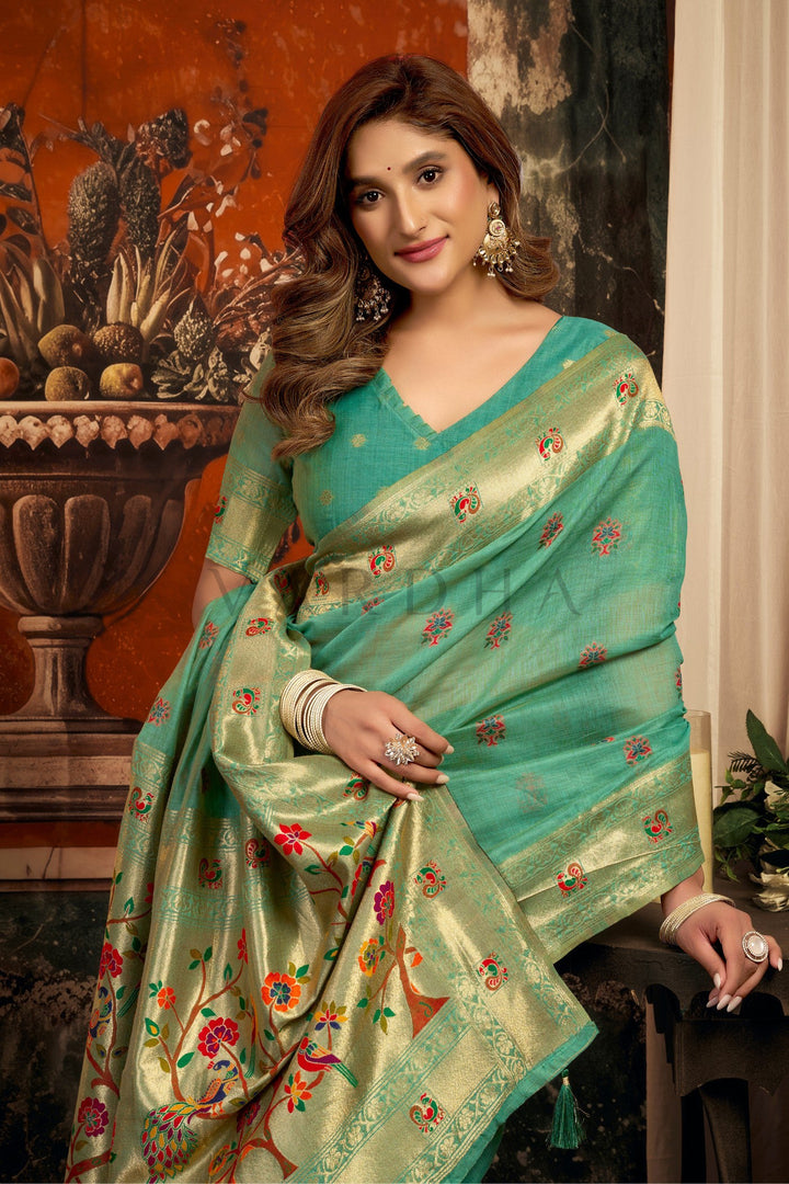 Teal Green Tissue Paithani Saree with Zari Border &amp; Peacock Motifs