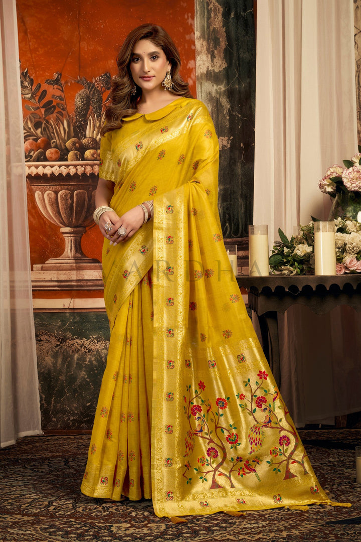 Mustard Yellow Tissue Paithani Saree with Zari Border &amp; Peacock Motifs
