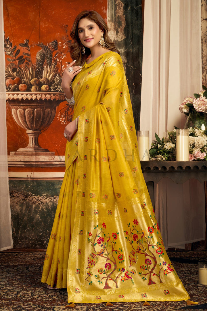 Mustard Yellow Tissue Paithani Saree with Zari Border &amp; Peacock Motifs