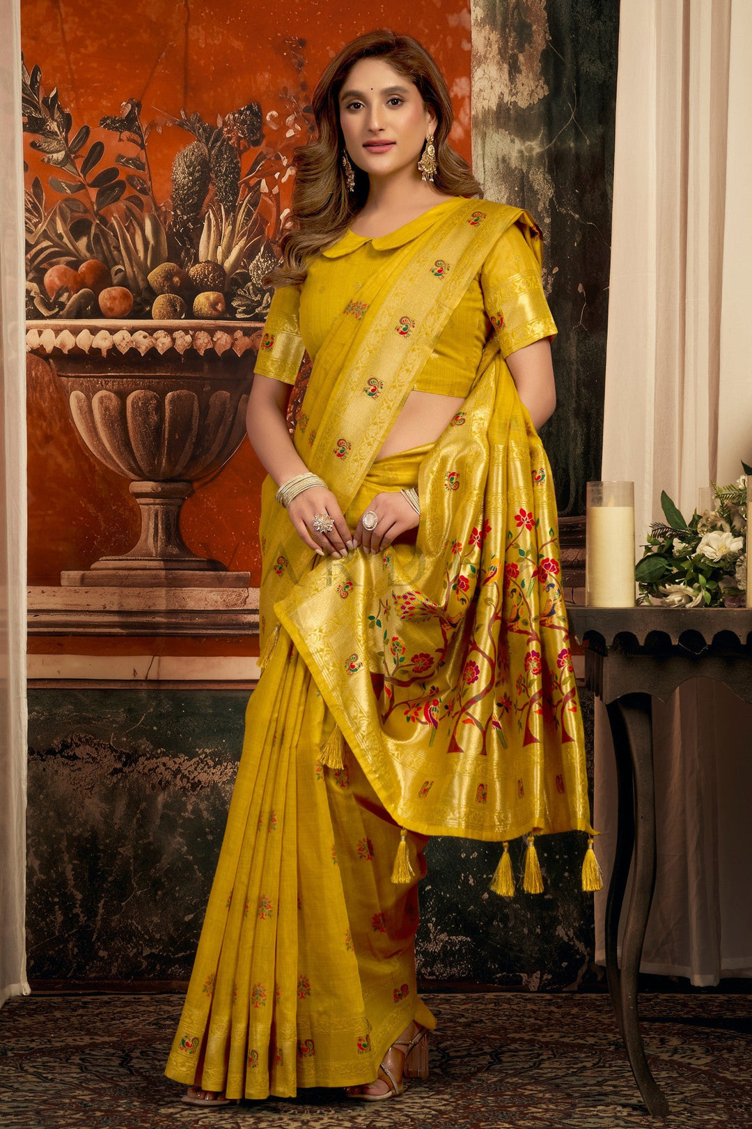 Mustard Yellow Tissue Paithani Saree with Zari Border &amp; Peacock Motifs