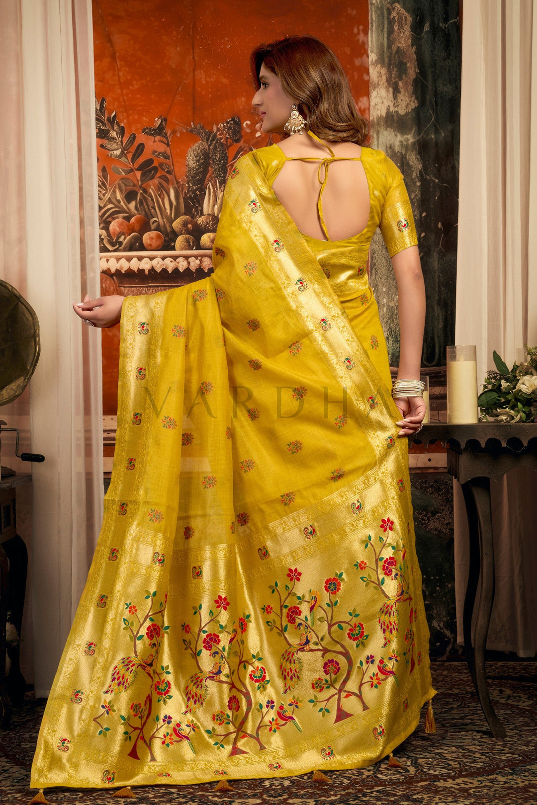 Mustard Yellow Tissue Paithani Saree with Zari Border &amp; Peacock Motifs