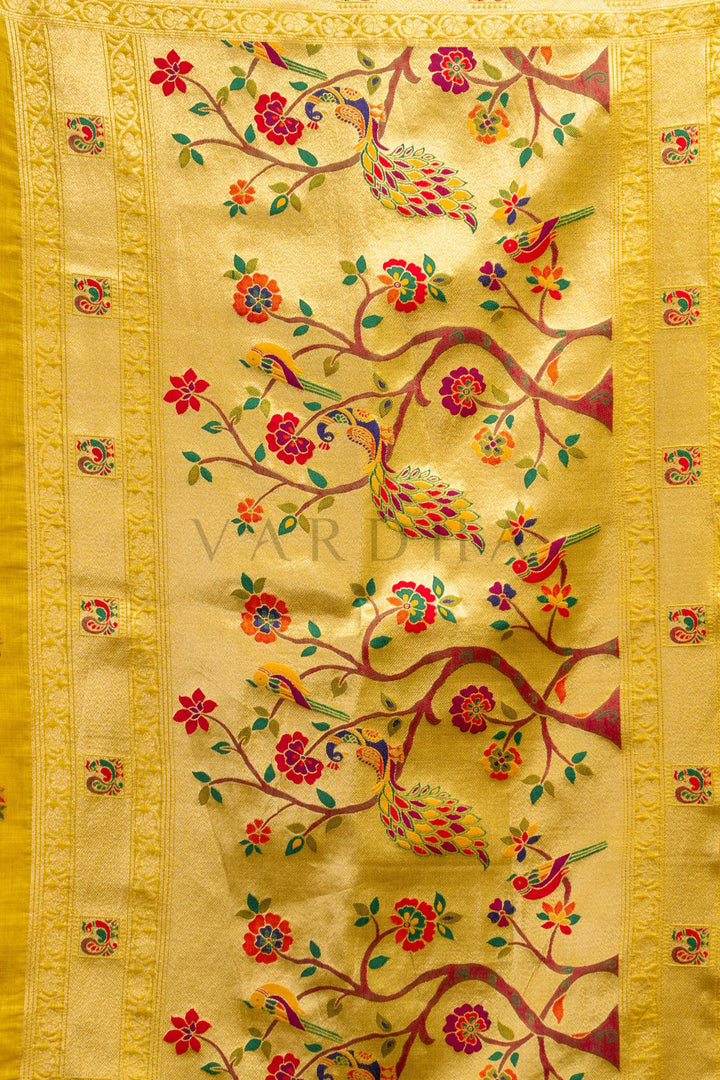 Mustard Yellow Tissue Paithani Saree with Zari Border &amp; Peacock Motifs