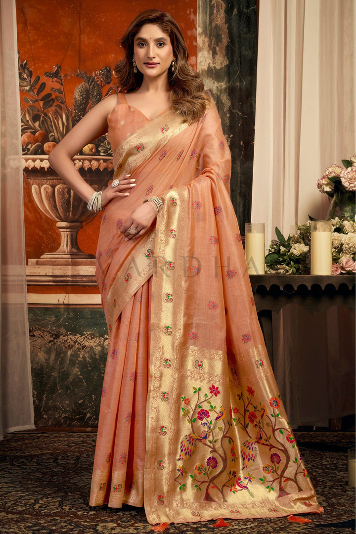 Peach Tissue Paithani Saree with Zari Border &amp; Peacock Motifs