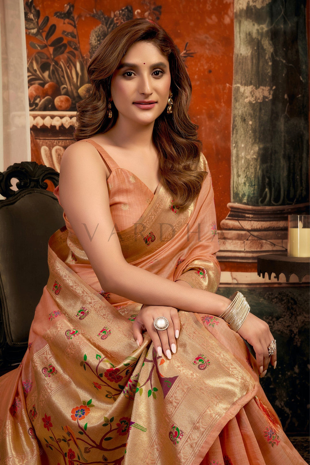 Peach Tissue Paithani Saree with Zari Border &amp; Peacock Motifs