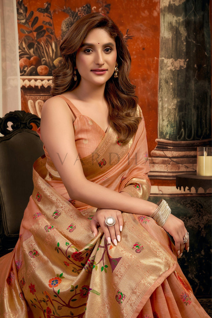 Peach Tissue Paithani Saree with Zari Border &amp; Peacock Motifs