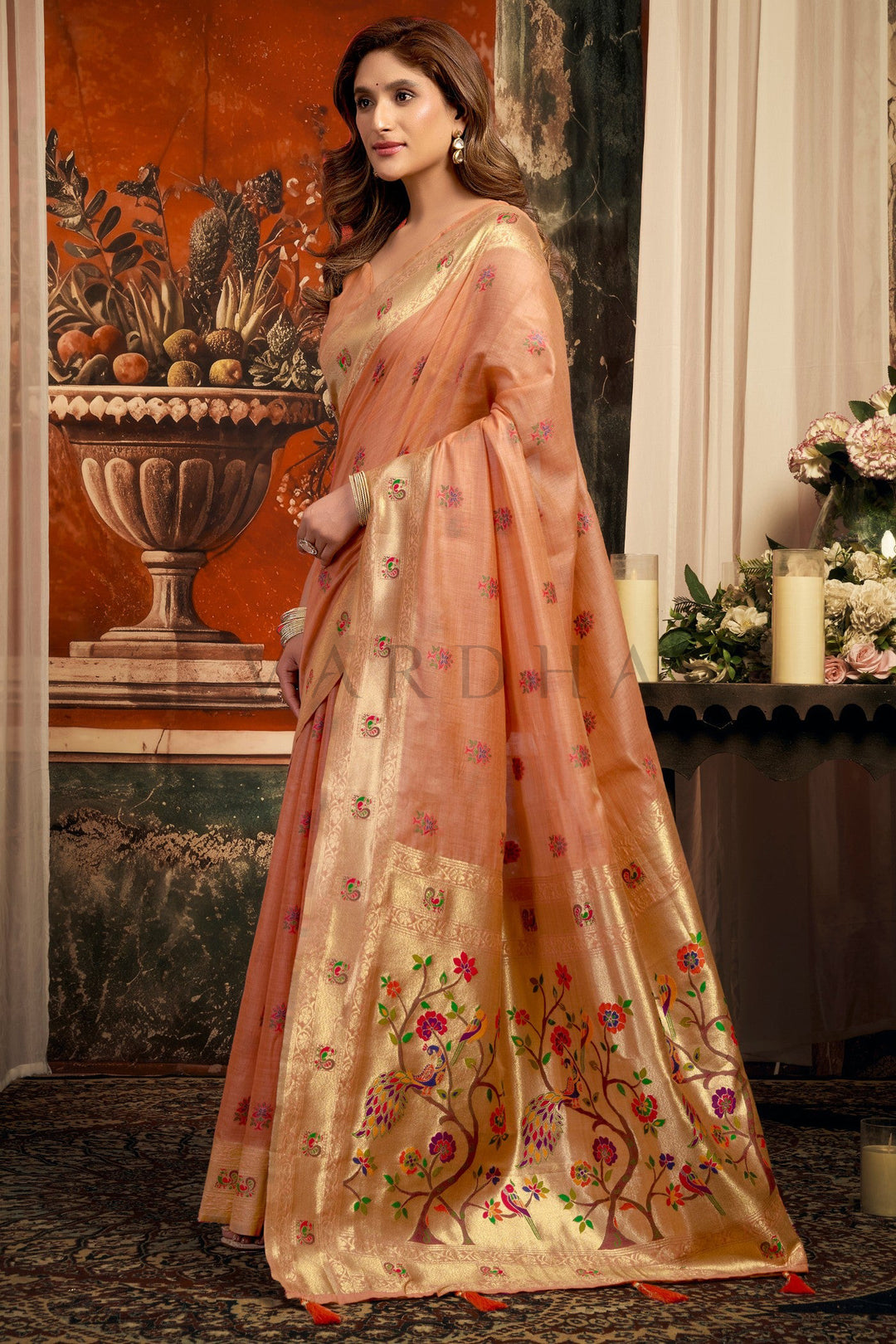 Peach Tissue Paithani Saree with Zari Border &amp; Peacock Motifs