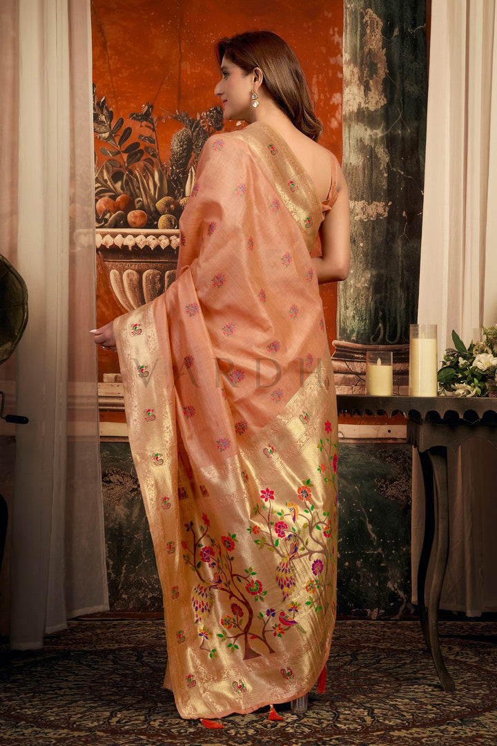 Peach Tissue Paithani Saree with Zari Border &amp; Peacock Motifs