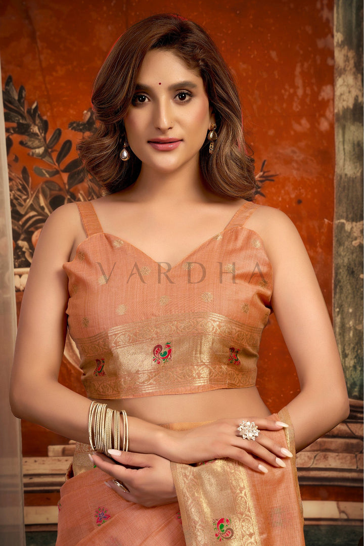 Peach Tissue Paithani Saree with Zari Border &amp; Peacock Motifs
