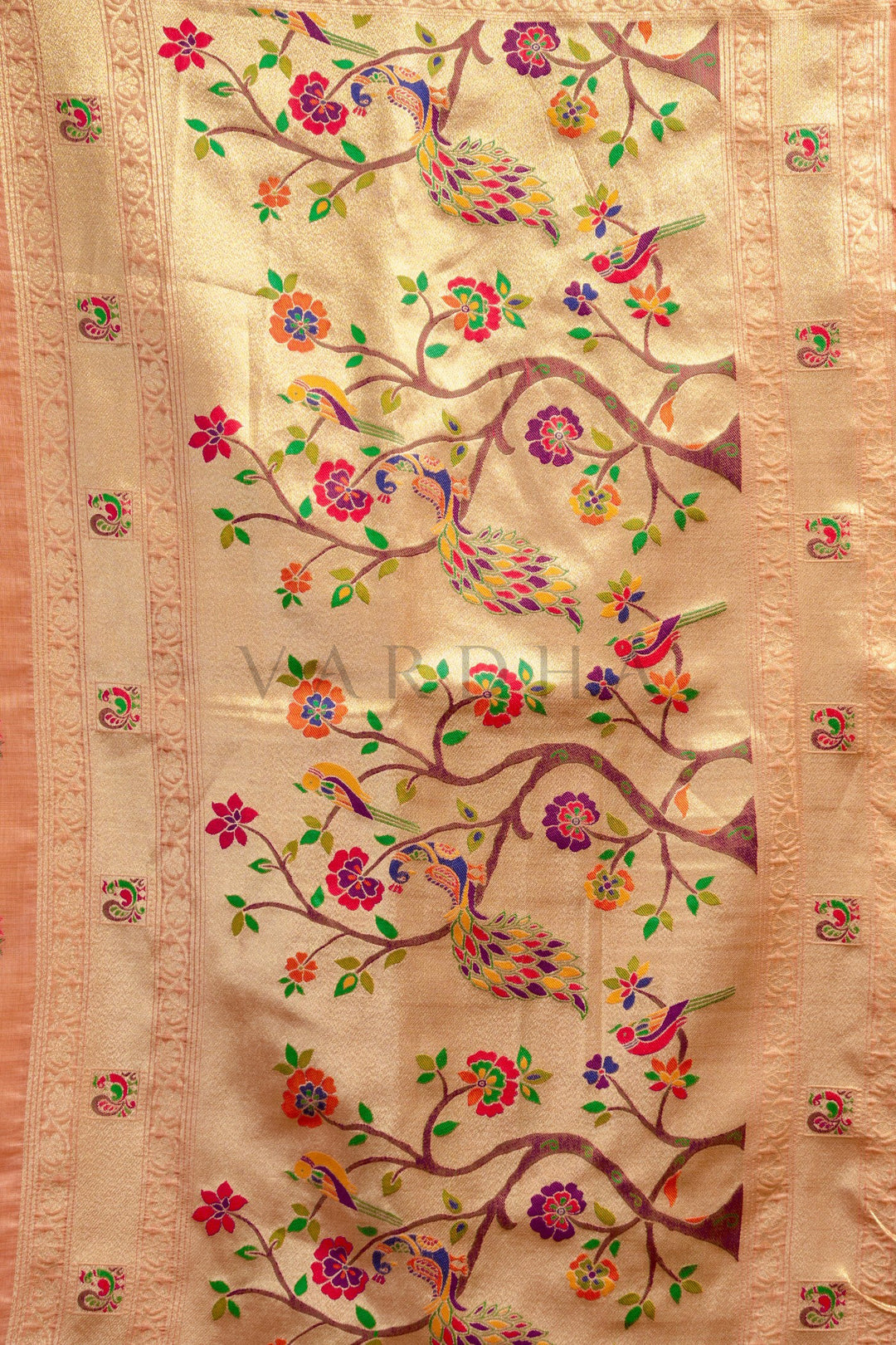 Peach Tissue Paithani Saree with Zari Border &amp; Peacock Motifs