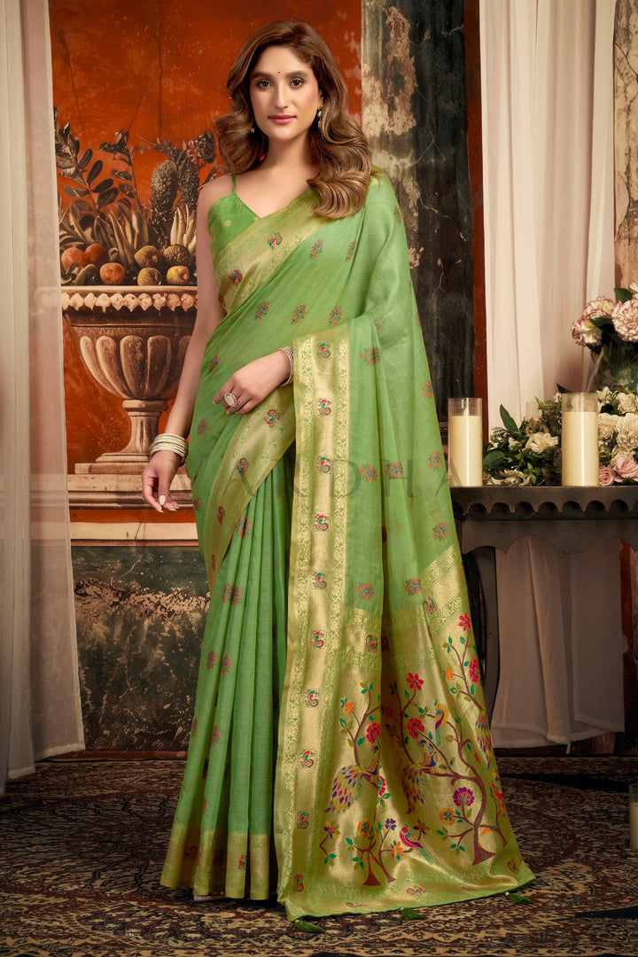 Light Green Tissue Paithani Saree with Zari Border &amp; Peacock Motifs