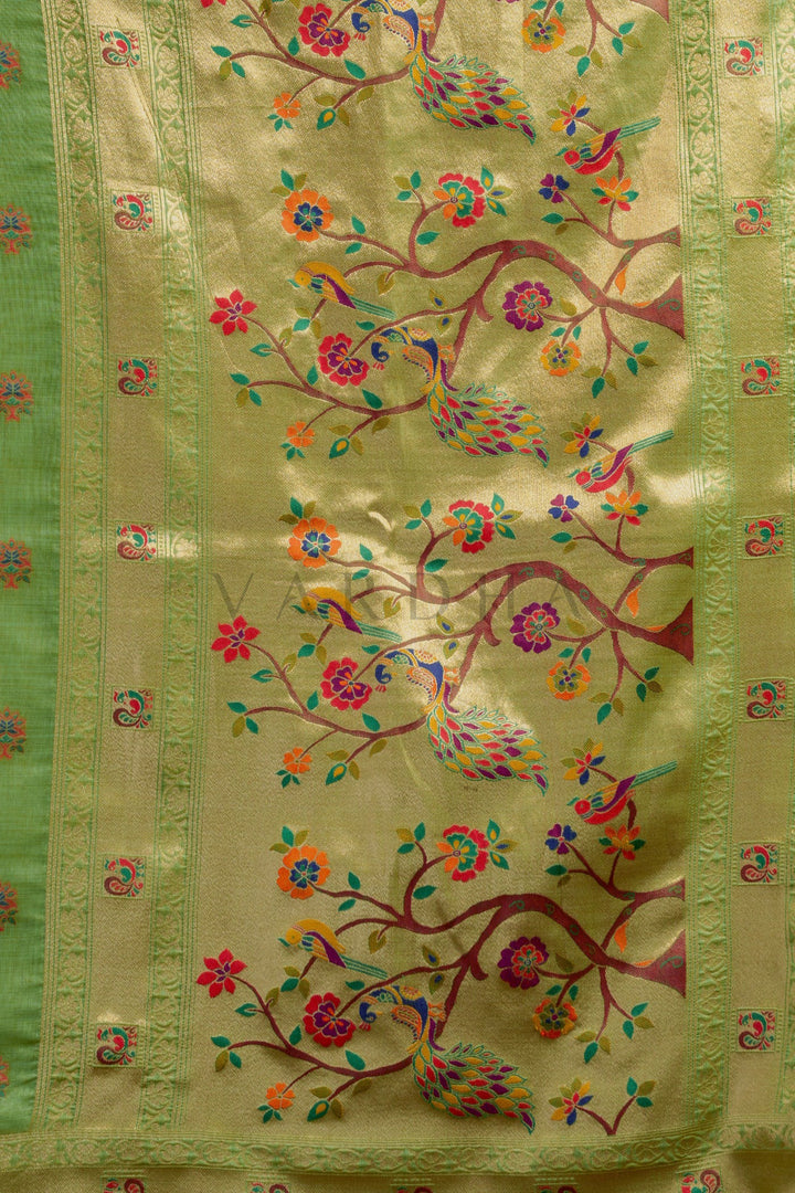 Light Green Tissue Paithani Saree with Zari Border &amp; Peacock Motifs
