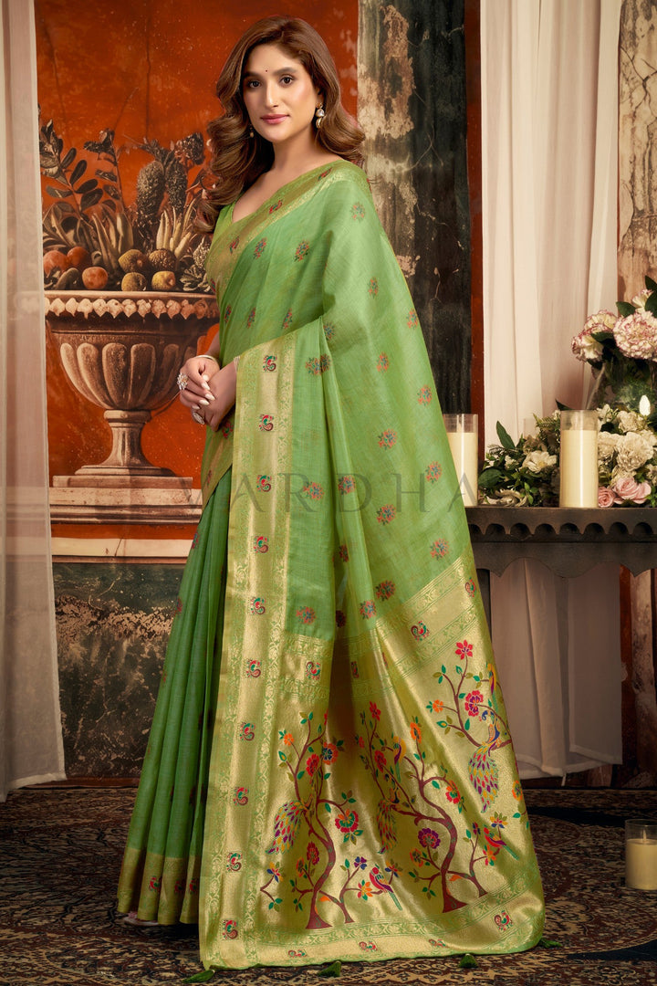 Light Green Tissue Paithani Saree with Zari Border &amp; Peacock Motifs